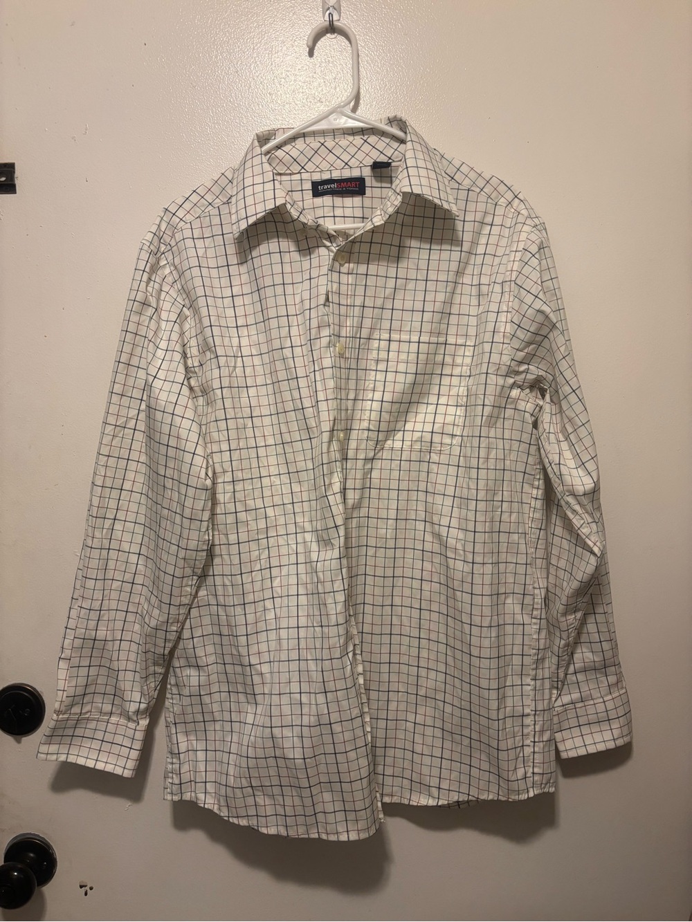 Men’s Cream Plaid Button-Down Shirt with Blue and Green Windowpane